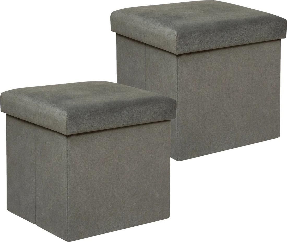 Atmosphera Ottoman / stool / footstool Amber - 2x - Foldable storage seat box - Dark grey velvet - D38 x H38 cm - MDF / polyester