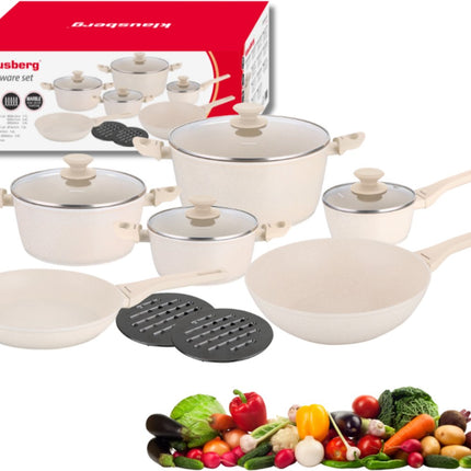 Klausberg KB-7959 Pannenset 12 Delig Beige | Marmer Anti-aanbaklaag | Inclusief Koekenpan en Wok | Geschikt voor Inductie | Cremewit