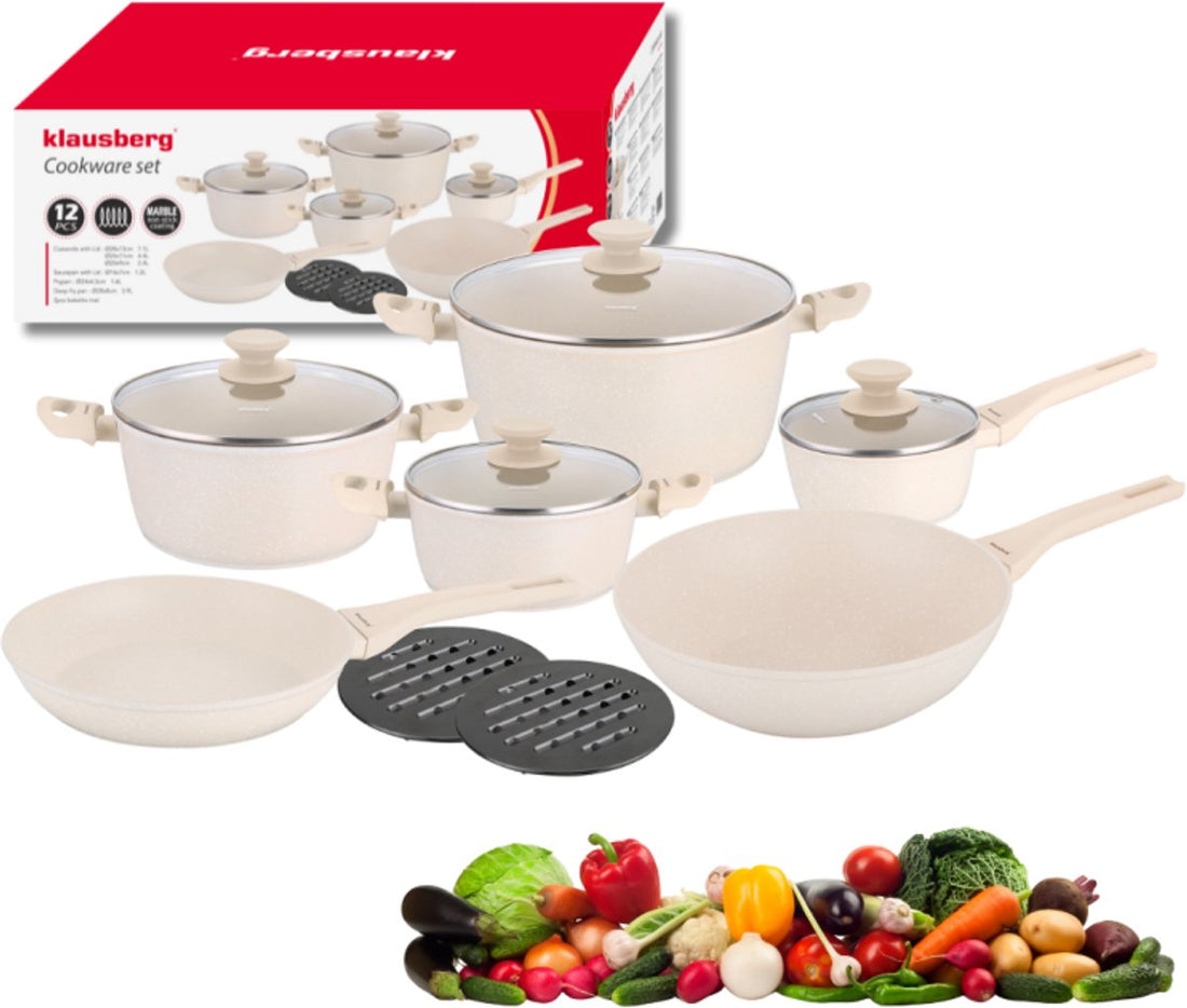 Klausberg KB-7959 pannenset 12-delig beige – marmeren antiaanbaklaag, inductie