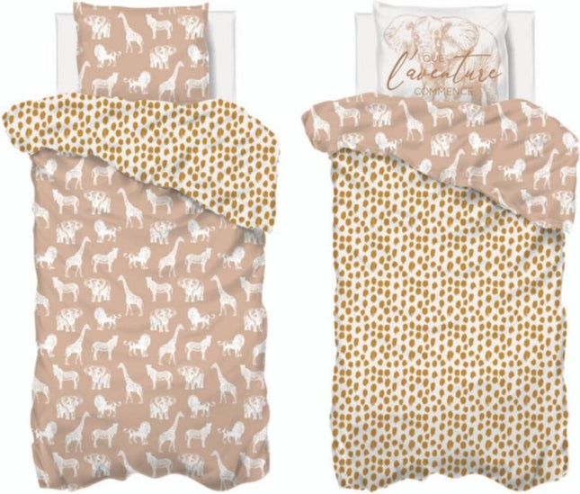 Dekbedovertrek en kussensloop katoen 140 x 200 cm - 2 in 1 - Savanne dekbed katoen - 1 persoons overtrek - Dekbedovertrek kinderen omkeerbaar