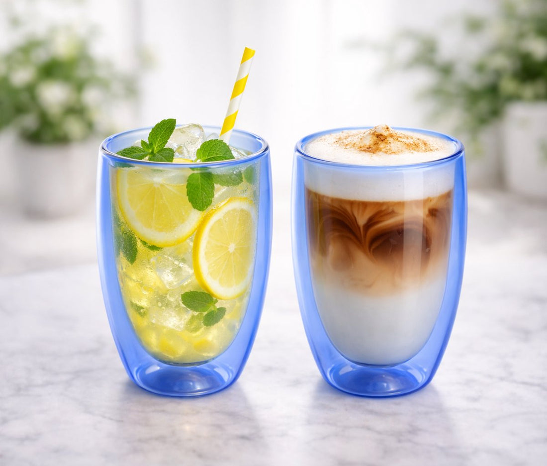 Doppelwandige Gläser 2er Set - 350 ml - Isolierende Teetasse oder Kaffeetasse Ohne Henkel - Doppelwandiges Glas - Blau