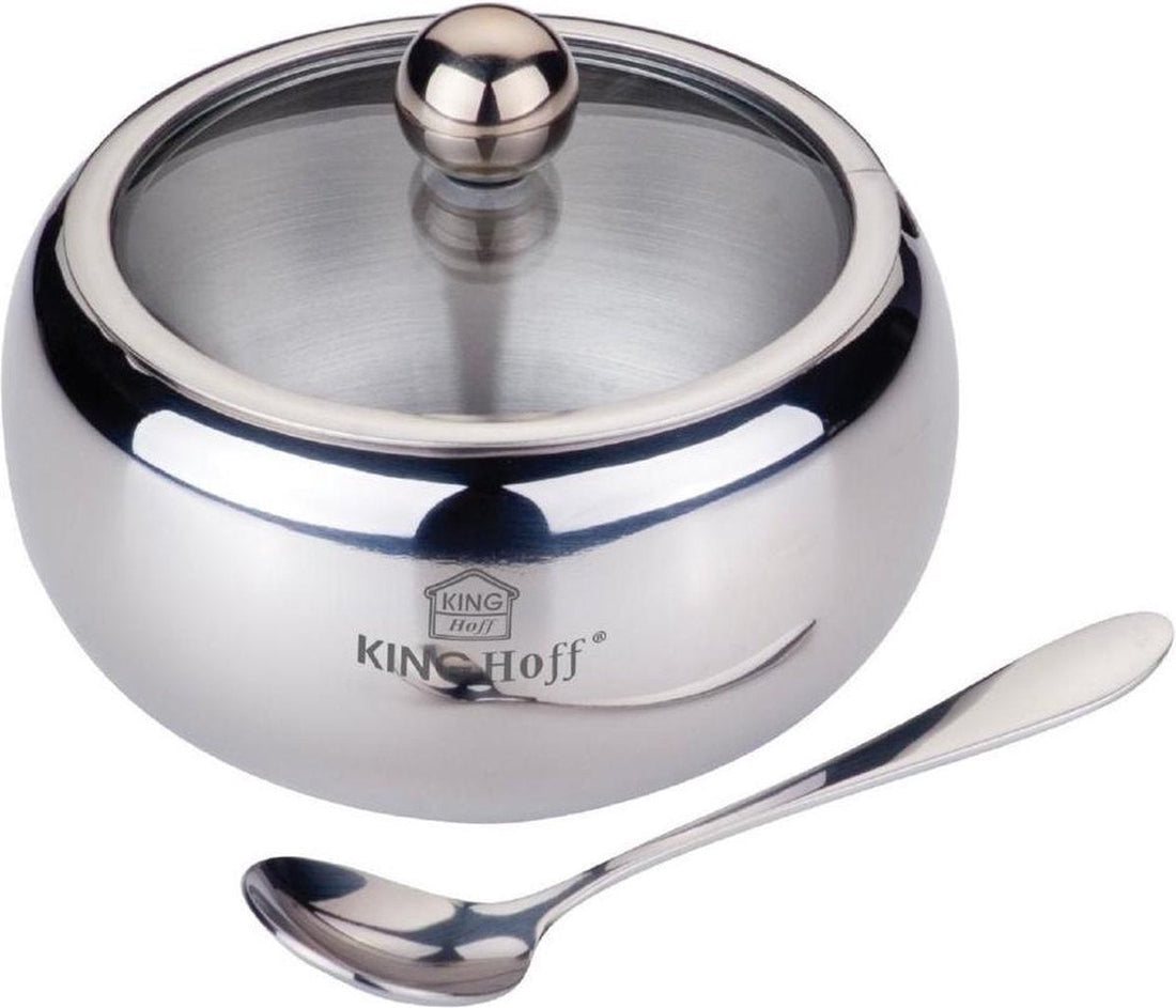 Kinghoff suikerpot RVS met glazen deksel en lepel – 460 ml
