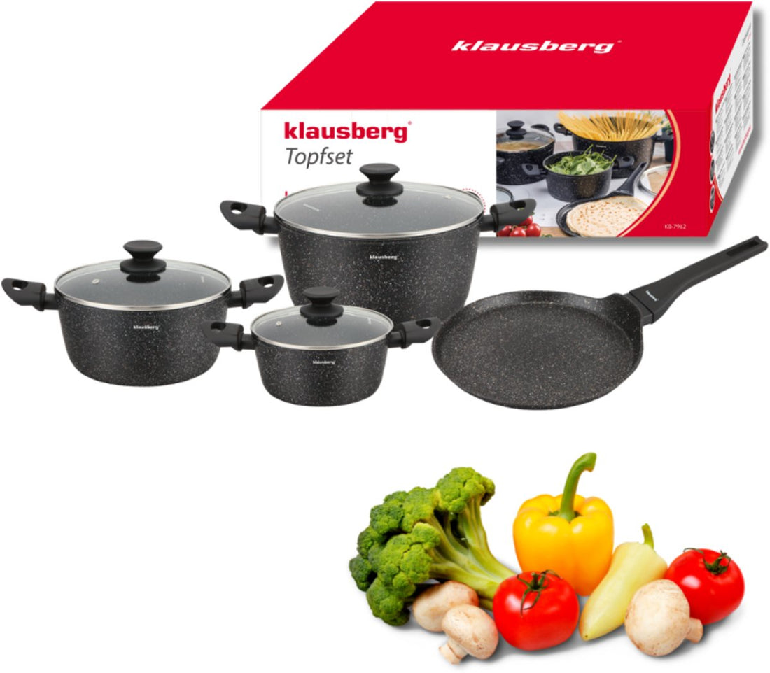 Klausberg KB-7962 pannenset 7-delig, zwart – marmer antiaanbaklaag, inductie