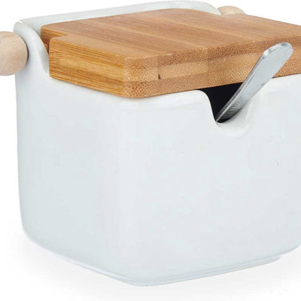 Kinvara Suikerpot met deksel - wit - 190 ml - porselein - bamboe - 7,5 x 11 x 7,5 cm