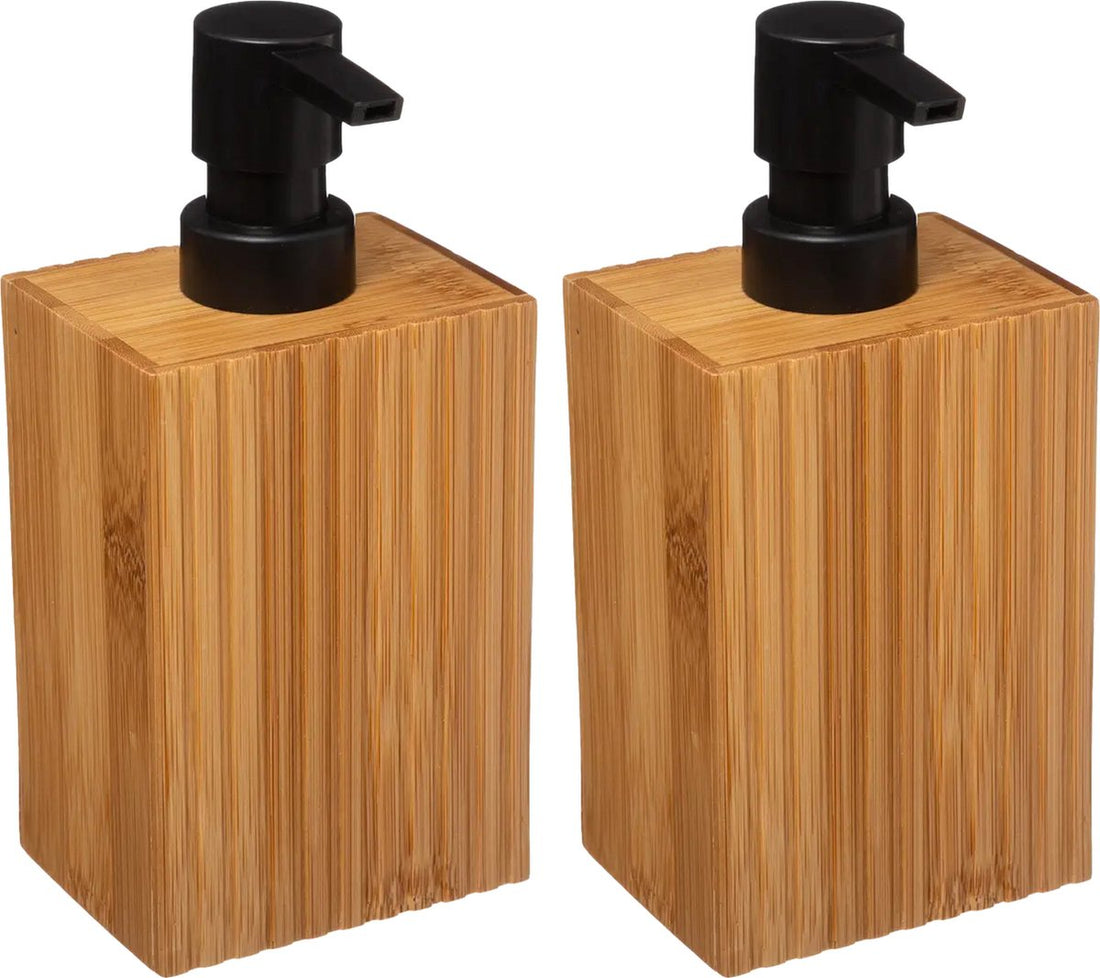 5Five Soap Pump / Dispenser Bamboo Lotion - 2x - light brown / black - 8 x 17 cm - 280 ml - wood
