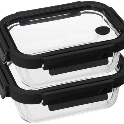 5Five Vershoudbakje met deksel - 2x - glas - luchtdicht - met clips - 19 x 14 x 7 cm - 500 ml - zwart/transparant