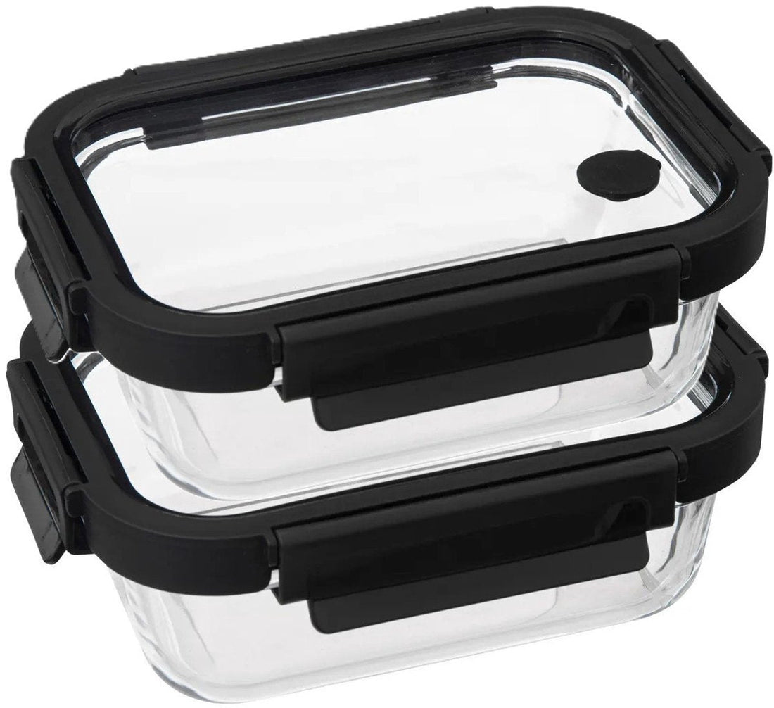 5Five Boîte de conservation avec couvercle - 2x - verre - hermétique - avec clips - 19 x 14 x 7 cm - 500 ml - noir / transparent