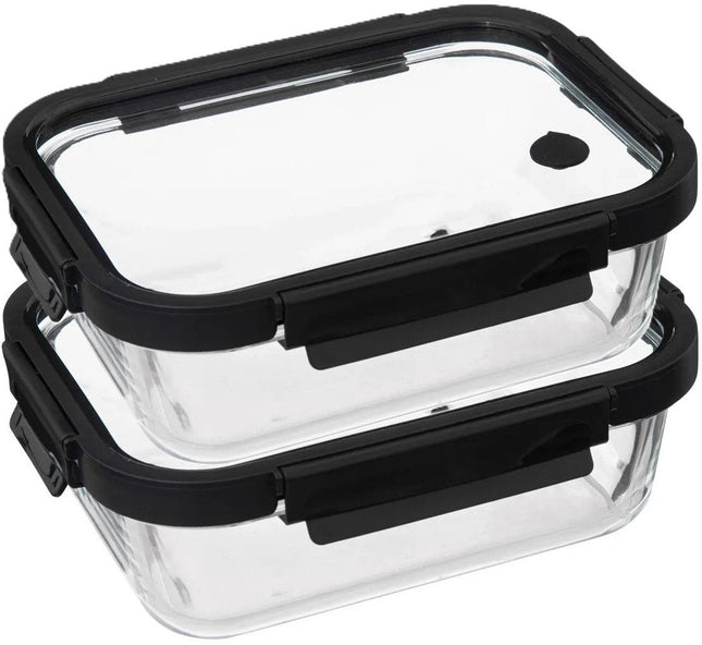 5Five Vershoudbakje met deksel - 2x - glas - luchtdicht - met clips - 23 x 18 x 8 cm - 1300 ml - zwart/transparant