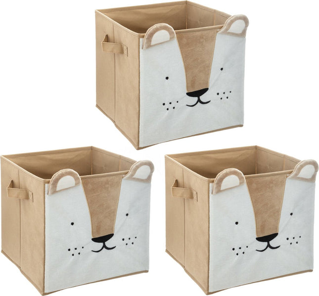Atmosphera Opbergmand/kastmand leeuw - 3x - voor kinderen - karton/kunststof - bruin - 30 x 30 cm