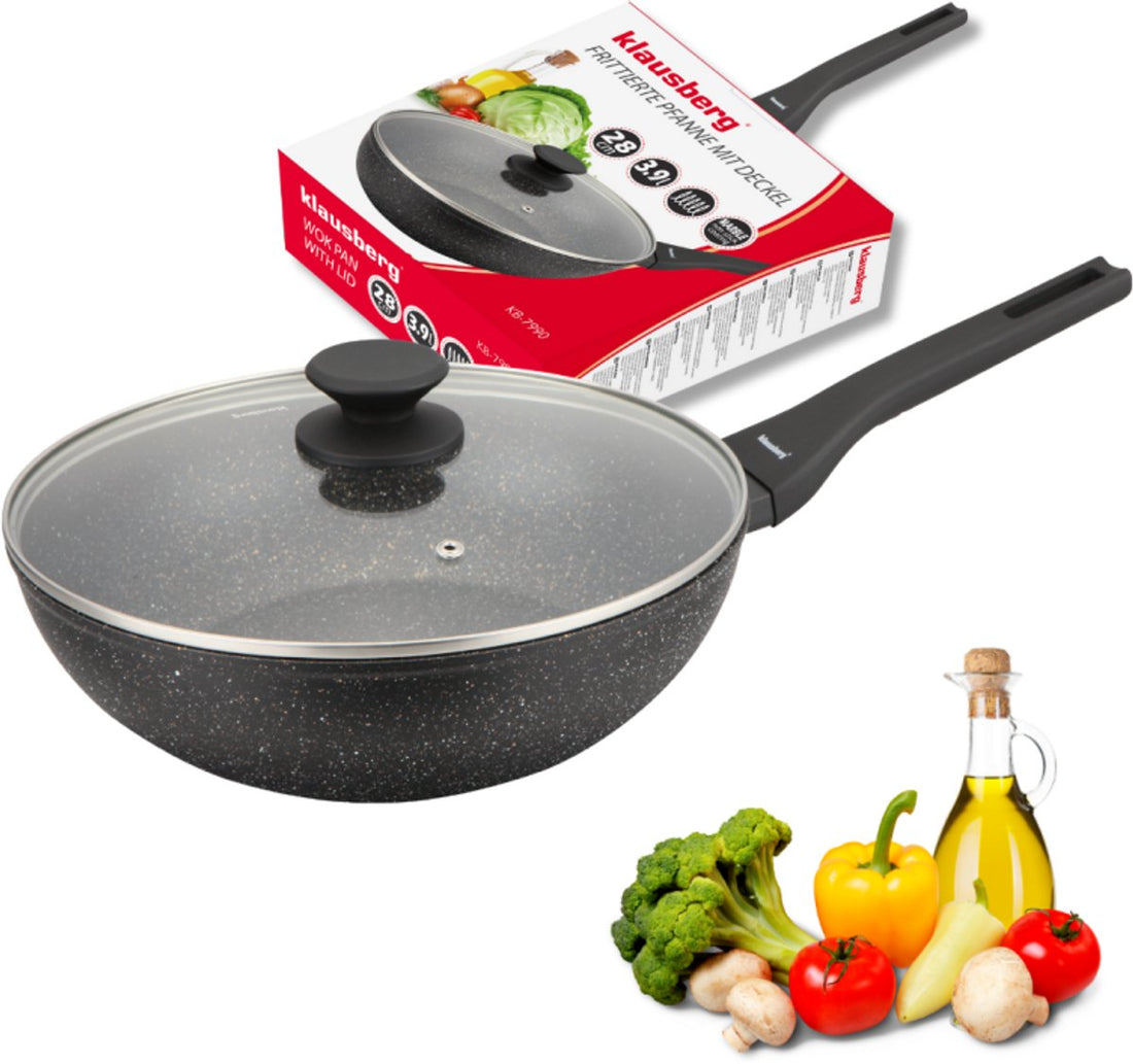Klausberg Wokpfanne 28 cm mit Deckel – Marmor-Antihaftbeschichtung – 3,9 L – Induktionsgeeignet – Aluminium-Wok – Mit Glasdeckel – KB-7990