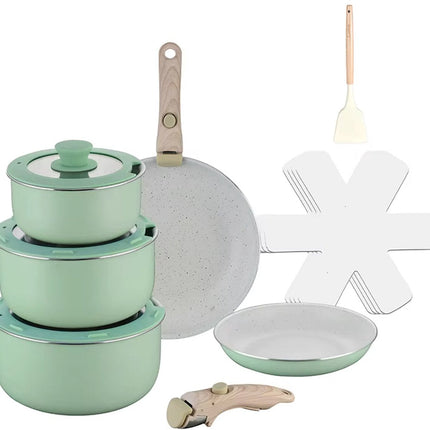 15-delige Pannenset – Zacht Lichtgroen – Ultra Non-stick – 2 Afneembare Houten Handgrepen – Geschikt voor Alle Warmtebronnen
