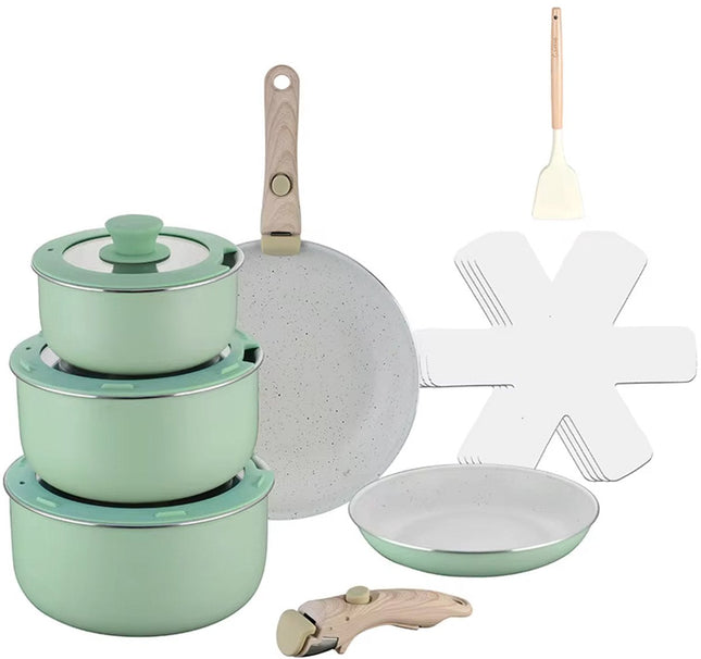 15-delige Pannenset – Zacht Lichtgroen – Ultra Non-stick – 2 Afneembare Houten Handgrepen – Geschikt voor Alle Warmtebronnen