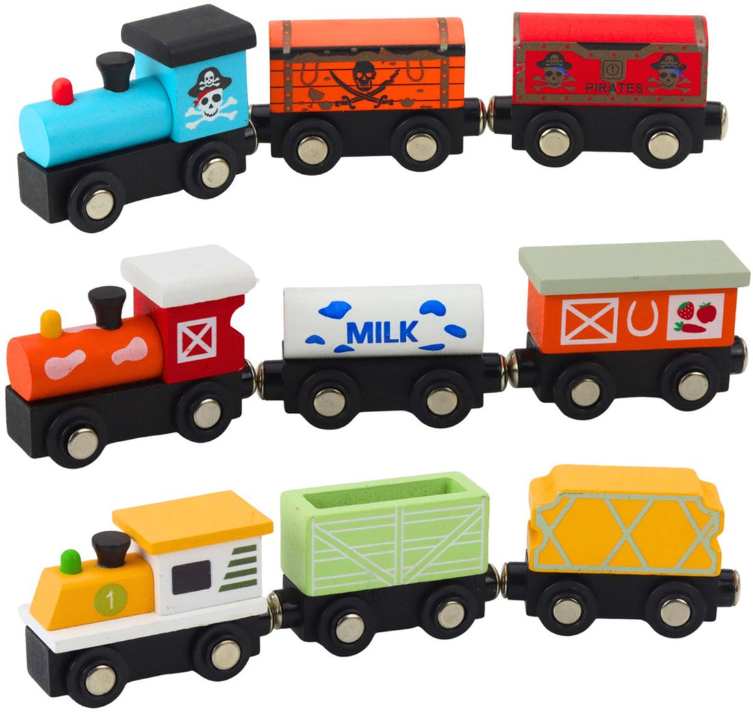 Jouet de train en bois magnétique - 3 locomotives + 6 wagons avec boîte de rangement - Compatible avec les rails en bois