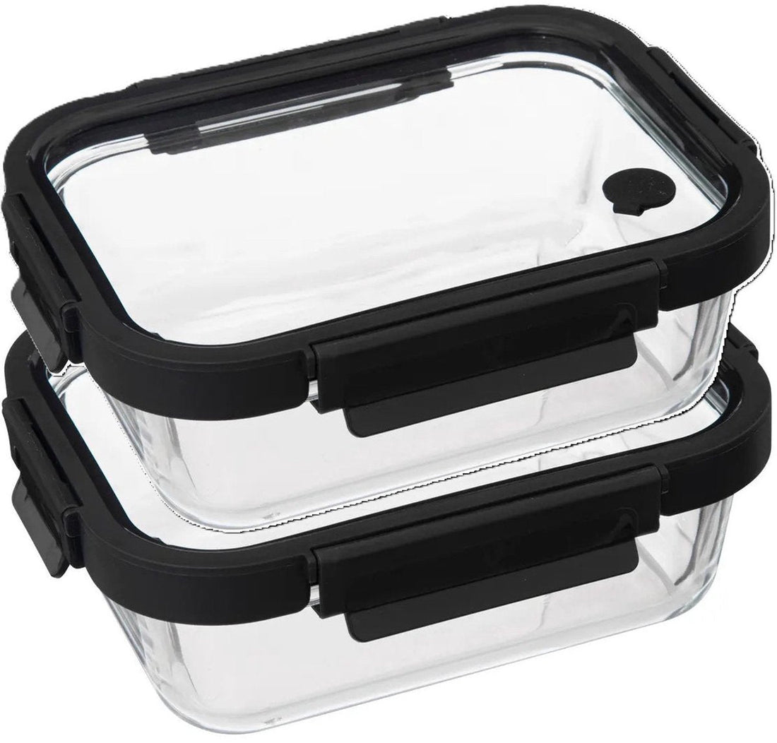 5Five Frischhaltedose mit Deckel - 2er-Set - Glas - luftdicht - mit Clips - 21 x 17 x 7 cm - 900 ml - schwarz / transparent
