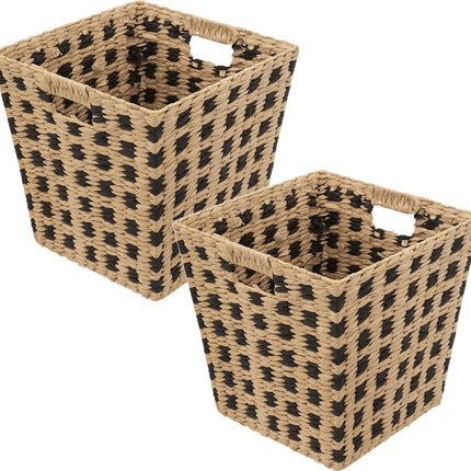 Gevlochten rieten opbergmand - 4x - vierkant - beige/zwart - 31x31x31 cm - Kast-/badkamer mandjes