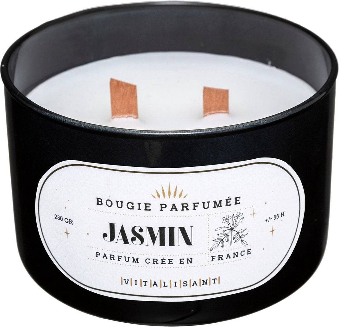 Duftkerze im Glas, 470 g, Duft Jasmin – Holzdocht – Knisterdocht – Kerze