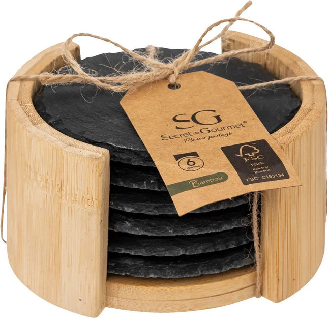 Secret de Gourmet Glasonderzetters - in rekje - 6ST - antraciet - leisteen - 10 cm