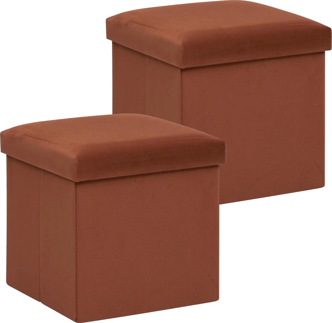 Atmosphera Pouffe / stool / footstool Amber - 2x - Foldable storage seat box - velvet rust brown - D38 x H38 cm - MDF / polyester