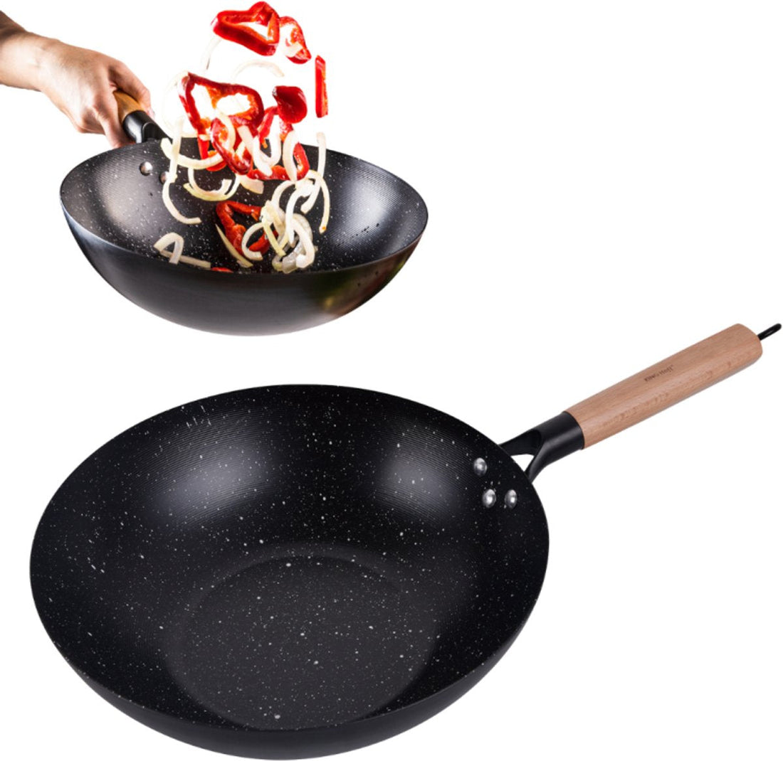 KINGHoff KH1983 Wokpfanne 30 cm – Pfanne zum Wokken und Braten – Geeignet für alle Herdarten inklusive Induktion – Holzgriff – Antihaftbeschichtung – Wokpfanne – Bratpfanne