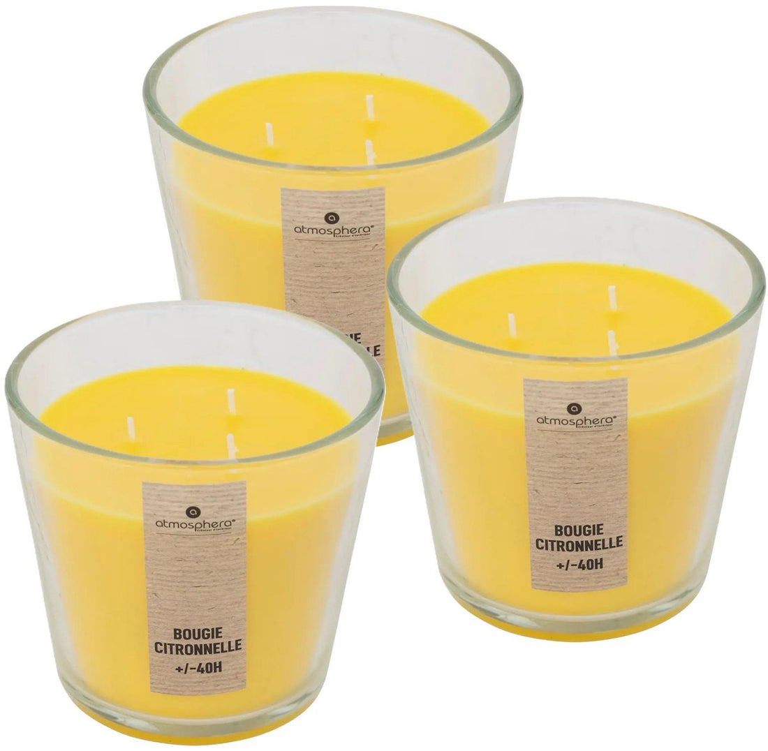 Atmosphera Bougies Parfumées - 3x - en verre - parfum citronnelle - 40h de combustion - 13 x 12 cm - décoration intérieure - bougies parfumées