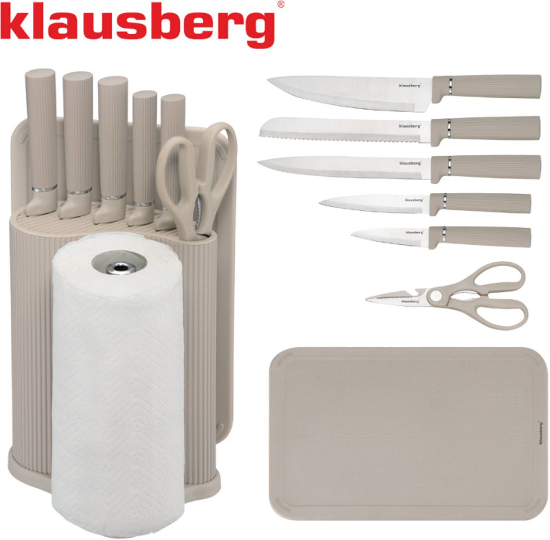 Klausberg KB-7978 8 Delig Keukenset - Messenset met Snijplank en Papierrolhouder - Beige Roestvrij Staal