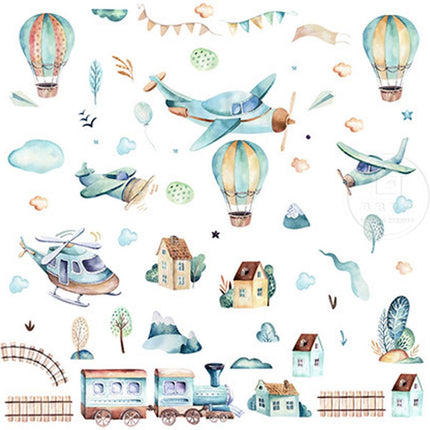 Wandsticker Vliegtuigen en Luchtballonnen - Zelfklevende Muurdecoratie voor Kinderkamer - 90x90 cm - Vliegtuig Wandsticker voor Jongenskamer en Kinderdagverblijf