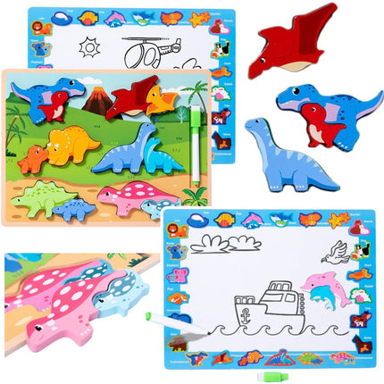 Houten Educatieve Dinosaurus Puzzel Bord 2-in-1 - Met Tekenbord en Uitwisbare Stift - 12 Delen - Puzzel en Teken Bord - 2 in 1 - Whiteboard