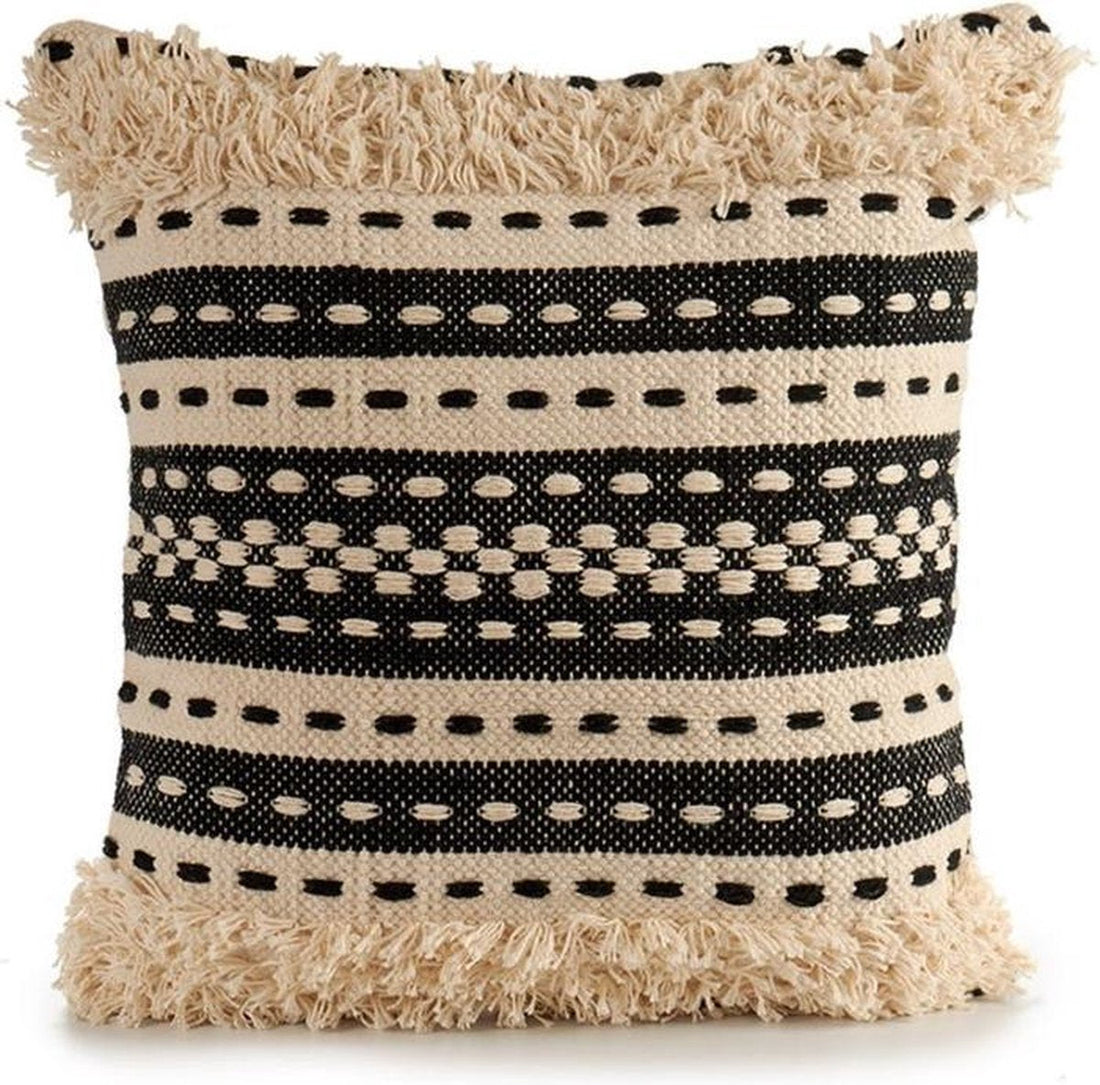 Dekoratives beiges Strickkissen mit baumwollenen Motiven in Beige und Schwarz. Maße 45 x 15 x 45 cm