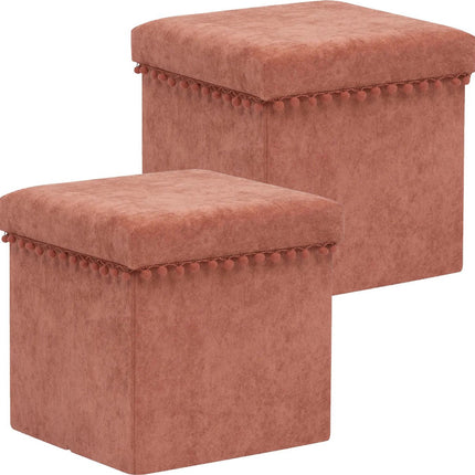 Atmosphera Poef/krukje/hocker Arabic - 2x - Opvouwbare zit opslag box - fluweel Steenrood - D38 x H38 cm - MDF/polyester