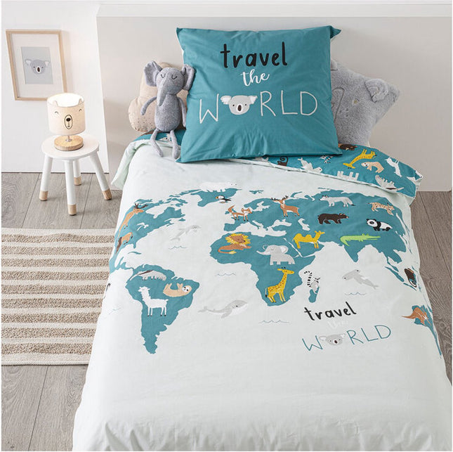 Wereld dekbedovertrek en kussensloop katoen 140 x 200 cm