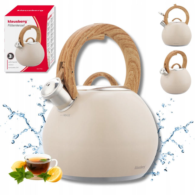 KLAUSBERG KB-7956 Fluitketel 3 L – Beige Mat – Houtlook Handgreep – RVS – Inductie – Met Fluit