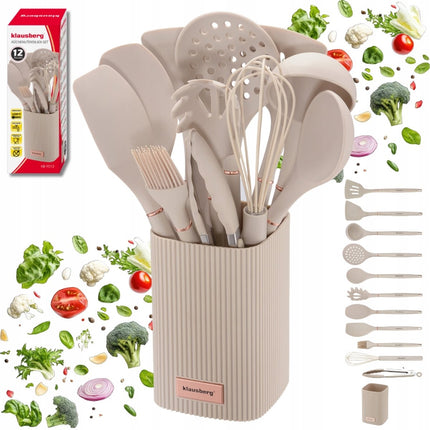 Klausberg Keukengerei Set 12-delig met Standaard – Siliconen Keukengerei – Hittebestendig 220°C – Beige