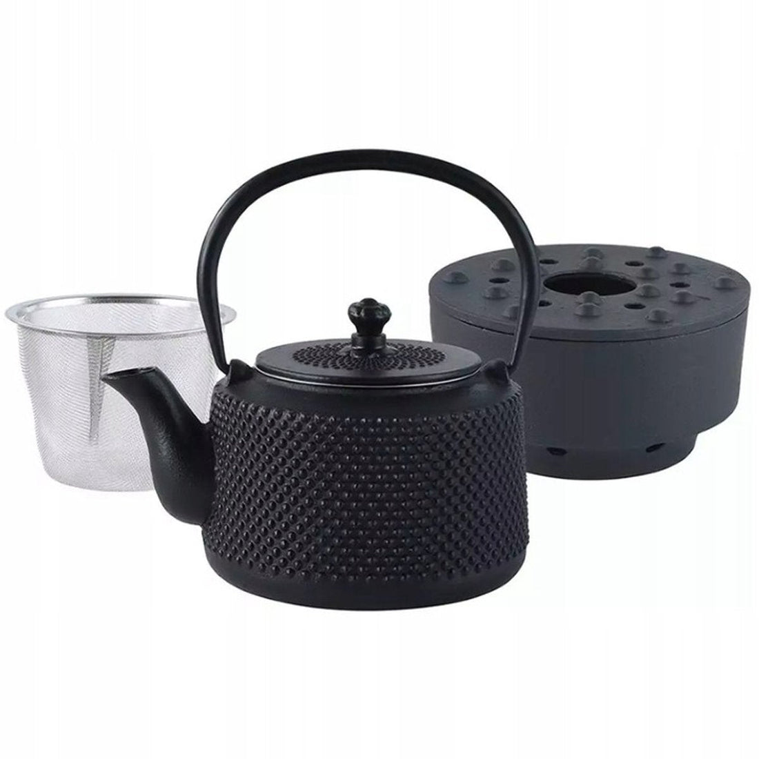 Kinghoff gietijzeren theepot 0,8 liter met warmhouder en RVS zeef – zwart