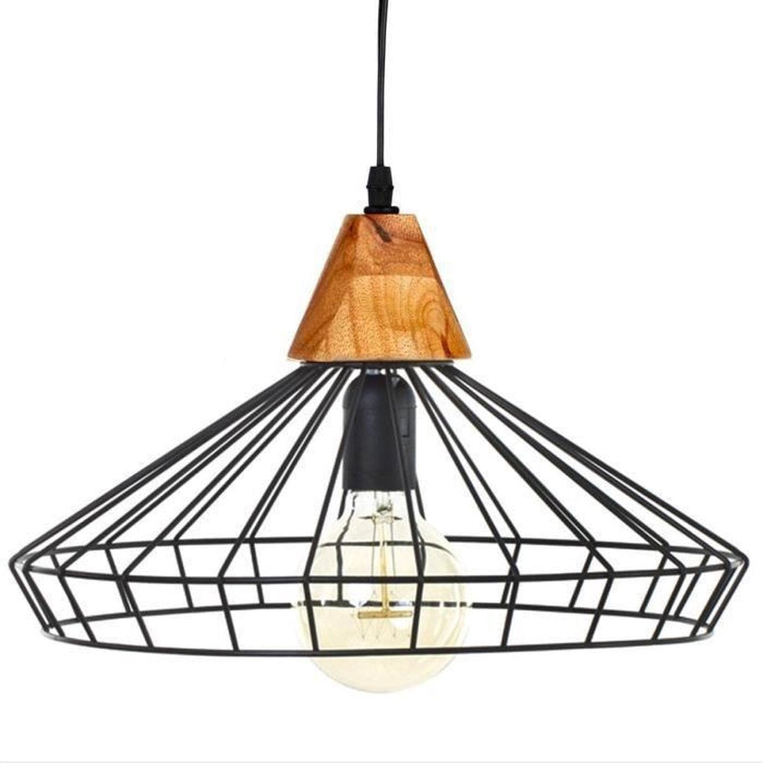 Industriële hanglamp zwart van metaal en hout – bedraad, 38 x 22,5 cm, E27