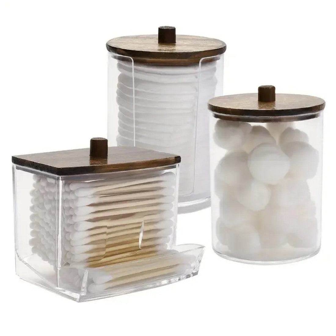 Set van 3 wattenhouders met houten deksel – badkamer organizer, donkerbruin