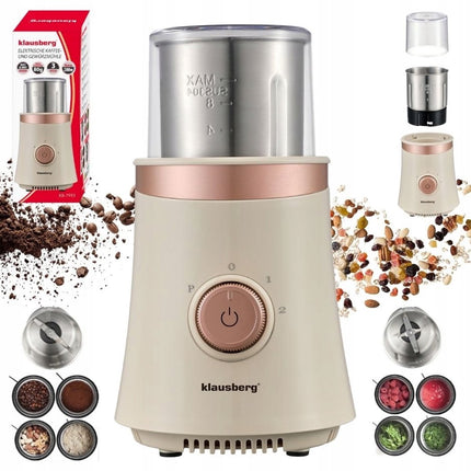 KLAUSBERG KB-7993 Elektrische 2-in-1 Koffie- en Kruidenmolen – 200W – RVS Bekers – Droog & Nat Malen – 3 Snelheden – 80g Capaciteit – beige/Koper