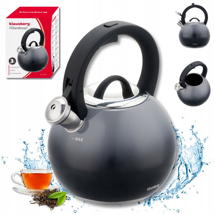 KLAUSBERG KB-7955 Fluitketel 3 L – waterkoker- Grafiet Glans – RVS – Soft-Touch – Inductie – Met Fluit