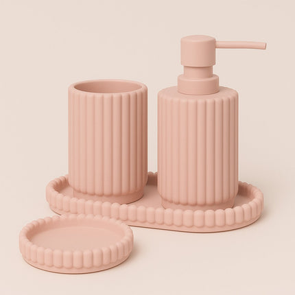 4-delige Roze Badkamer & Keukenset - Zeepdispenser, Zeepbakje, Tandenborstelhouder en Plateau - Modern Design van Hars - Zeeppomp - Zeepset
