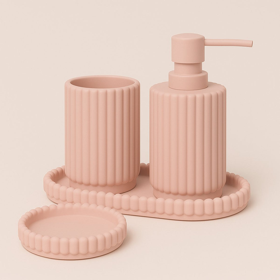 4-teiliges Badezimmer- & Küchenset Rosa – Seifenspender, Seifenschale, Zahnbürstenhalter und Ablage – Modernes Design aus Harz – Seifenpumpe – Seifenset