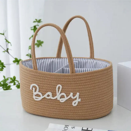Baby Luiermand voor op de Commode – Opbergmand met 3 Vakken & Handgrepen – Bruin met Witte Letters Baby – Organizer voor Luiers, Doekjes en Accessoires - Luiertas Commodemandje - Baby Organizer