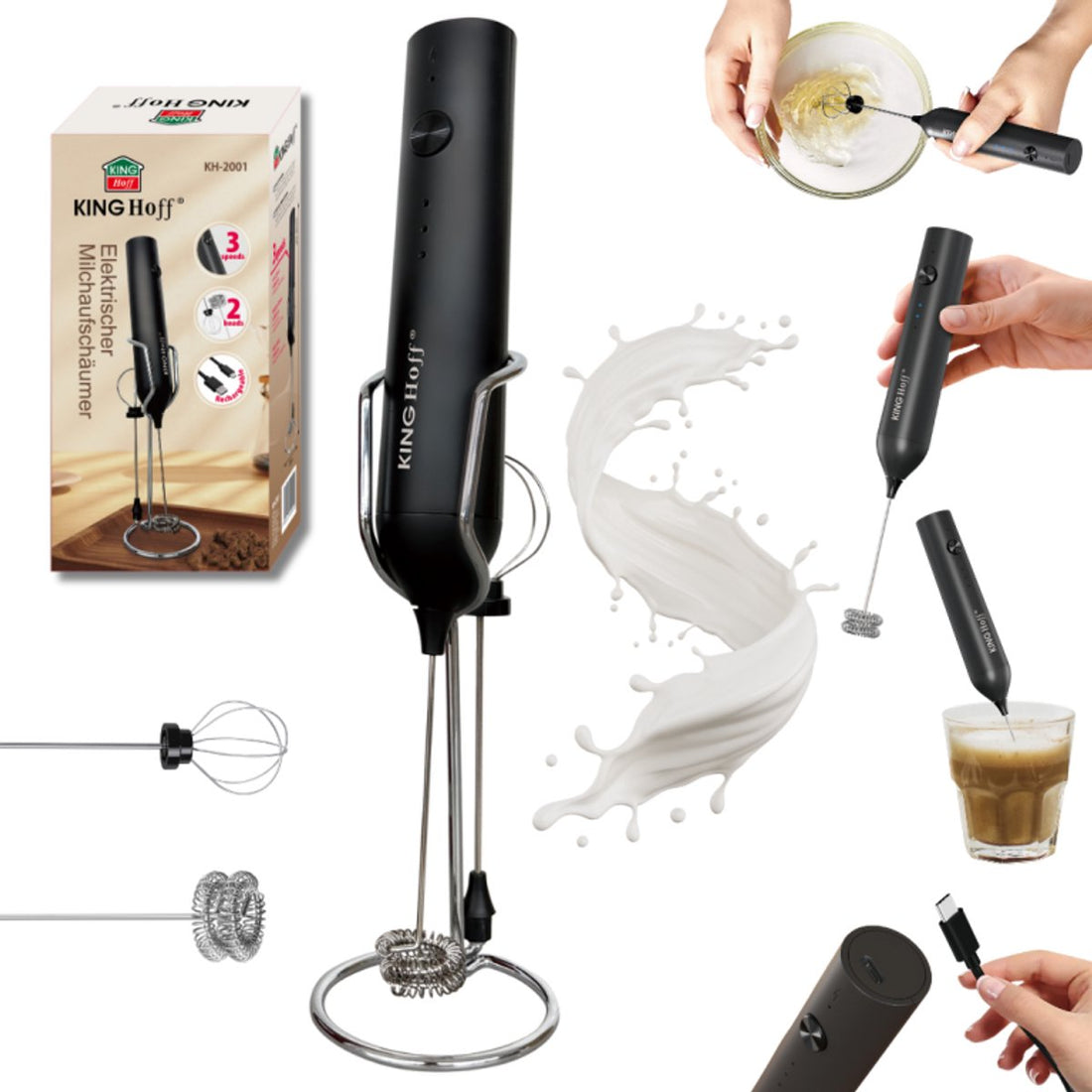 Kinghoff elektrische melkopschuimer KH-2001 – draadloos, oplaadbaar via USB-C