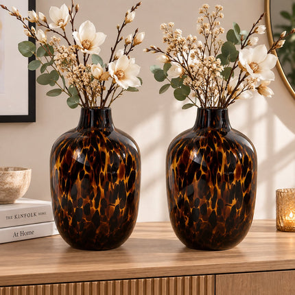 Set van 2 Glazen Vazen met Luipaardprint - Hoogte 25,5 cm - Dierlijk Motief - Moderne Bloemenvaas