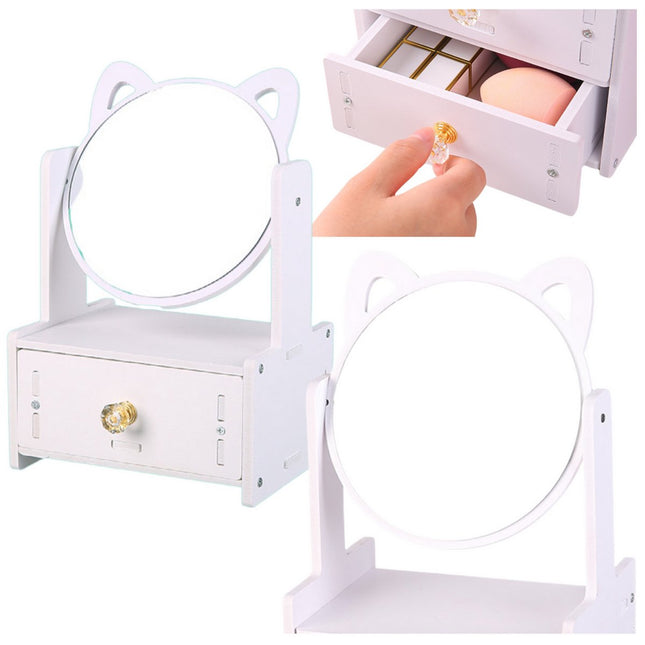 LUXE Opmaakspiegel met Lade - Wit Houten Dressingtafel Spiegel - 360° Draaibaar - Opbergsysteem voor Cosmetica en Sieraden - Make-Up Spiegel - Make-Up Organizer - Sieradenkist