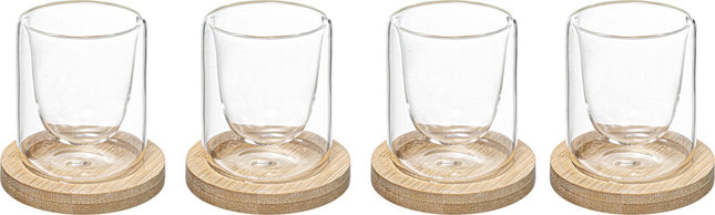 Secret de gourmet espresso kopjes set 4 stuks met onderzetter van bamboe - dubbelwandig - 8 cl - In cadeaudoosje