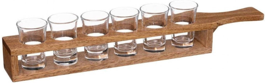 Shot board - glass and wood - 6 shot glasses