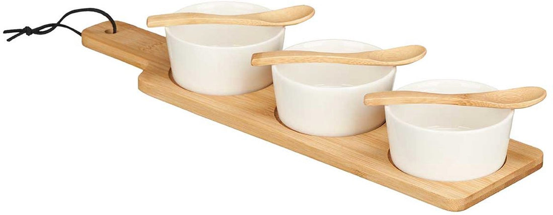 Ensemble planche de service Kinvara avec coupelles/bols - 7 pièces - porcelaine / bambou - 3 petites cuillères - apéritif