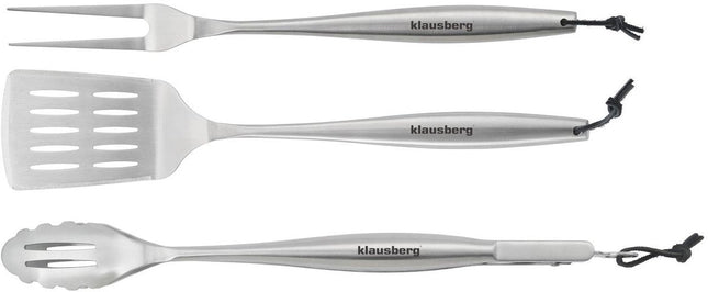 Klausberg KB-7900 Barbecue Set – 3-delige Grillset in RVS (Spatel, Vleesvork & Tang) - Giftset - Geschikt voor de Kamado / Weber liefhebbers
