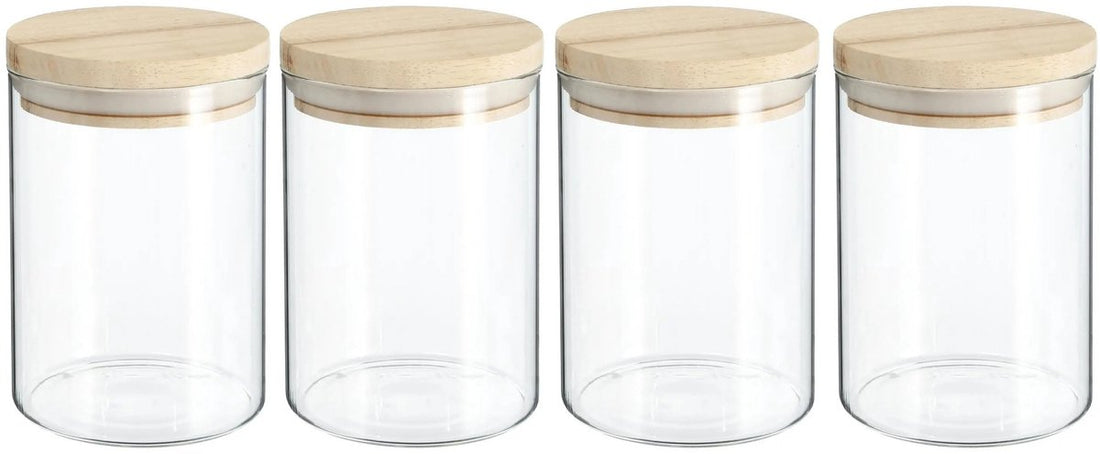 Secret de Gourmet Boîte de Conservation - lot de 4 - pot de stockage - 600 ml - verre - avec couvercle en bois - alimentaire - cuisine