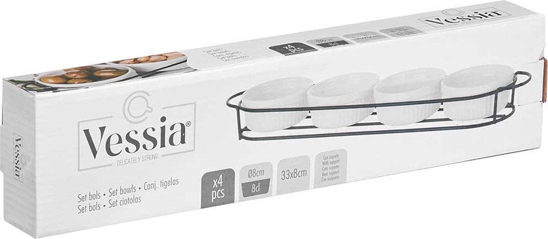 Vessia sauskommetjes in metalen standaard – 4 witte keramische schaaltjes