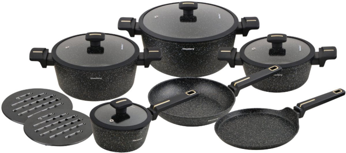 Klausberg Pfannenset 12-teilig - Schwarze Marmor-Antihaftbeschichtung - Induktionsgeeignet - Inklusive Pfannen und Deckel - KB-7966 - Pfannenset - Kochset
